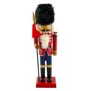 Marshall Fields Nutcracker Black Fur Hat Red Soldier 2005 with Flag 14 1/2"